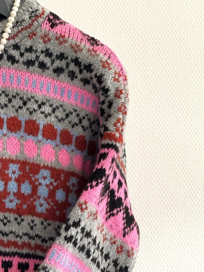 Oversized Gebreide Trui met Roze en Grijze Patronen - Afbeelding 2