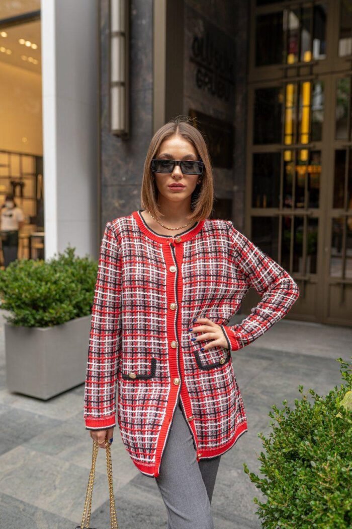 Chique lange cardigan in rood ruitpatroon - Afbeelding 3