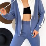 Blauw-Witte Gebreide Set met Capuchon