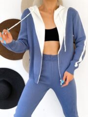 Blauw-Witte Gebreide Set met Capuchon