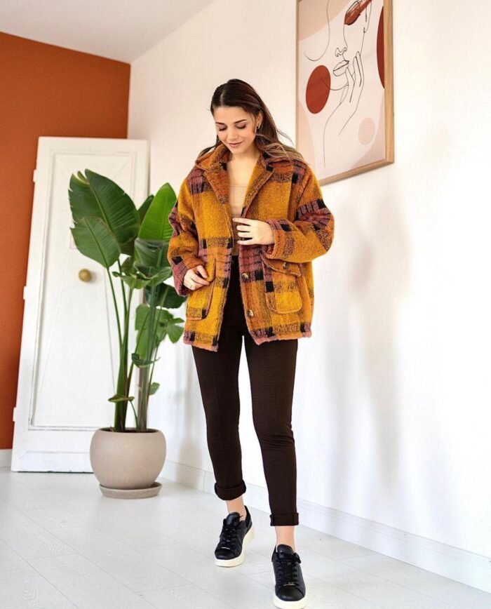 Mosterdkleurige geruite jas - Afbeelding 2