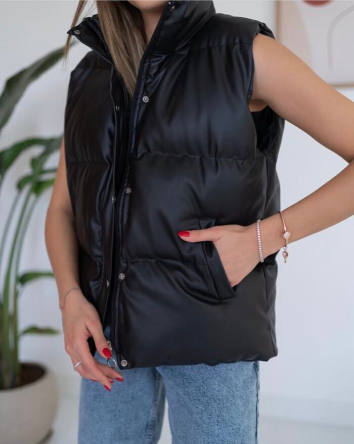 Zwarte Gewatteerde Leren Look Bodywarmer – Stoer en Praktisch - Afbeelding 2