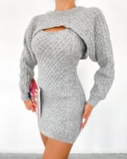 Elegante Gebreide Jurk Set – Grijs