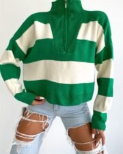 Groen-Wit Gestreepte Oversized Trui met Halve Rits - Afbeelding 2