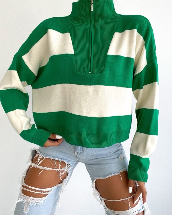 Groen-Wit Gestreepte Oversized Trui met Halve Rits - Afbeelding 2