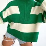 Groen-Wit Gestreepte Oversized Trui met Halve Rits