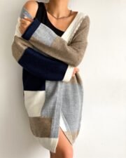 Oversize Lange Cardigan met Kleurblokken – Beige/Grijs/Navy - Afbeelding 2
