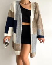 Oversize Lange Cardigan met Kleurblokken – Beige/Grijs/Navy - Afbeelding 3