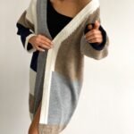 Oversize Lange Cardigan met Kleurblokken – Beige/Grijs/Navy