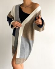 Oversize Lange Cardigan met Kleurblokken – Beige/Grijs/Navy