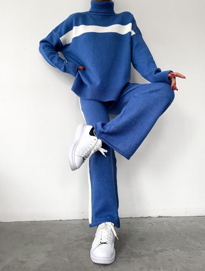 Blauwe Gebreide Twinset (Coltrui & Wijde Broek) - Afbeelding 3