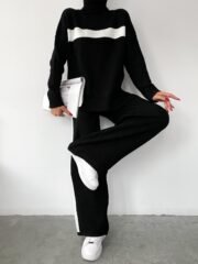 Zwarte gebreide set met coltrui en witte strepen – Comfortabele elegante look - Afbeelding 3