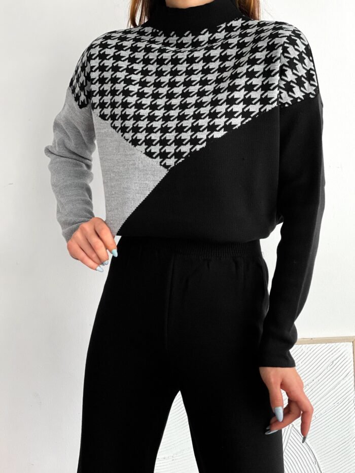 Zwart-Grijs Gebreide Set met Patroon - Afbeelding 3