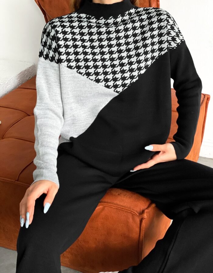 Zwart-Grijs Gebreide Set met Patroon - Afbeelding 2