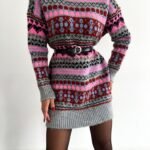 Oversized Gebreide Trui met Roze en Grijze Patronen