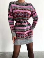 Oversized Gebreide Trui met Roze en Grijze Patronen