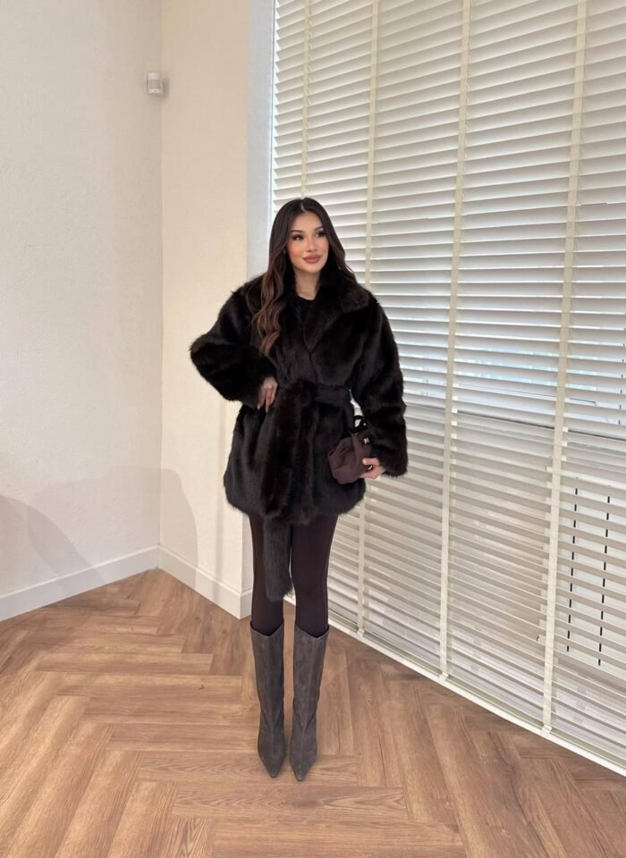 Luxe Donkerbruine Nepbontjas met Riem - Afbeelding 2