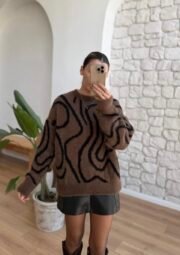 Bruine Gebreide Trui met Abstract Motief