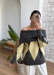 Argyle Gebreide Trui – Grijs & Geel