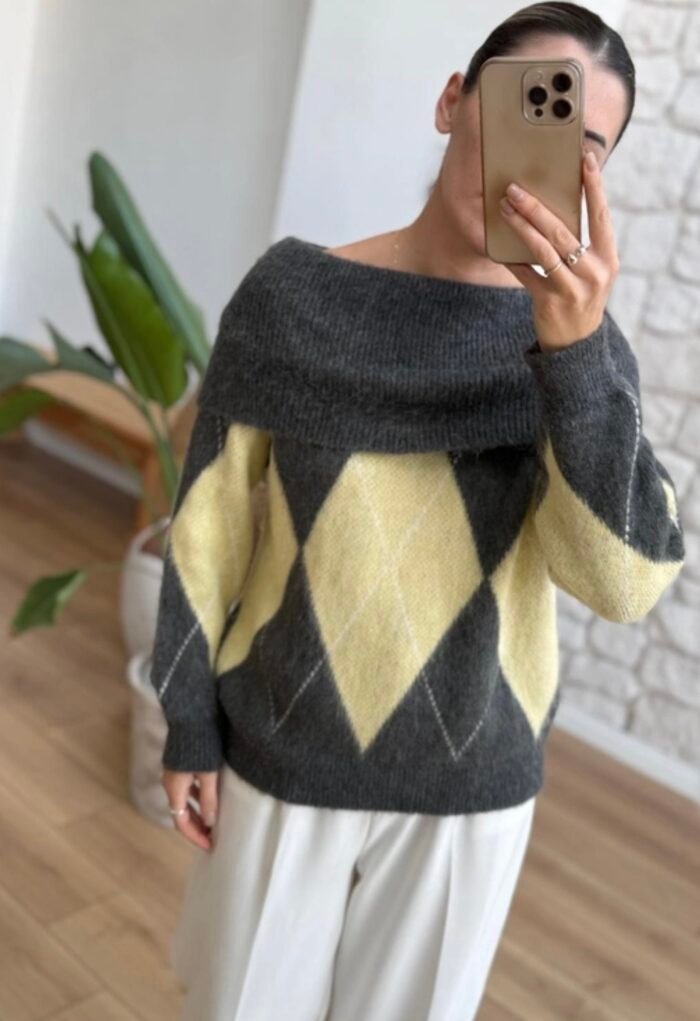 Argyle Gebreide Trui – Grijs & Geel - Afbeelding 3