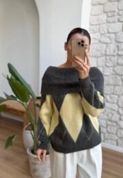 Argyle Gebreide Trui – Grijs & Geel - Afbeelding 4