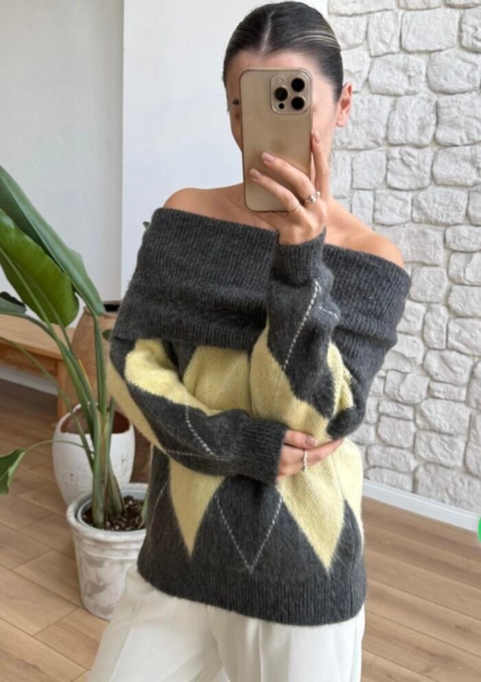 Argyle Gebreide Trui – Grijs & Geel - Afbeelding 2