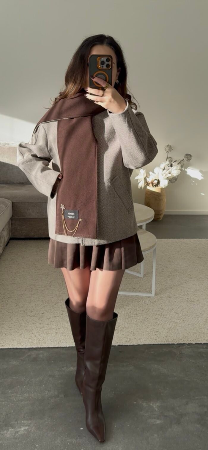 Jas met Sjaaldetail Beige & Bruin - Afbeelding 3